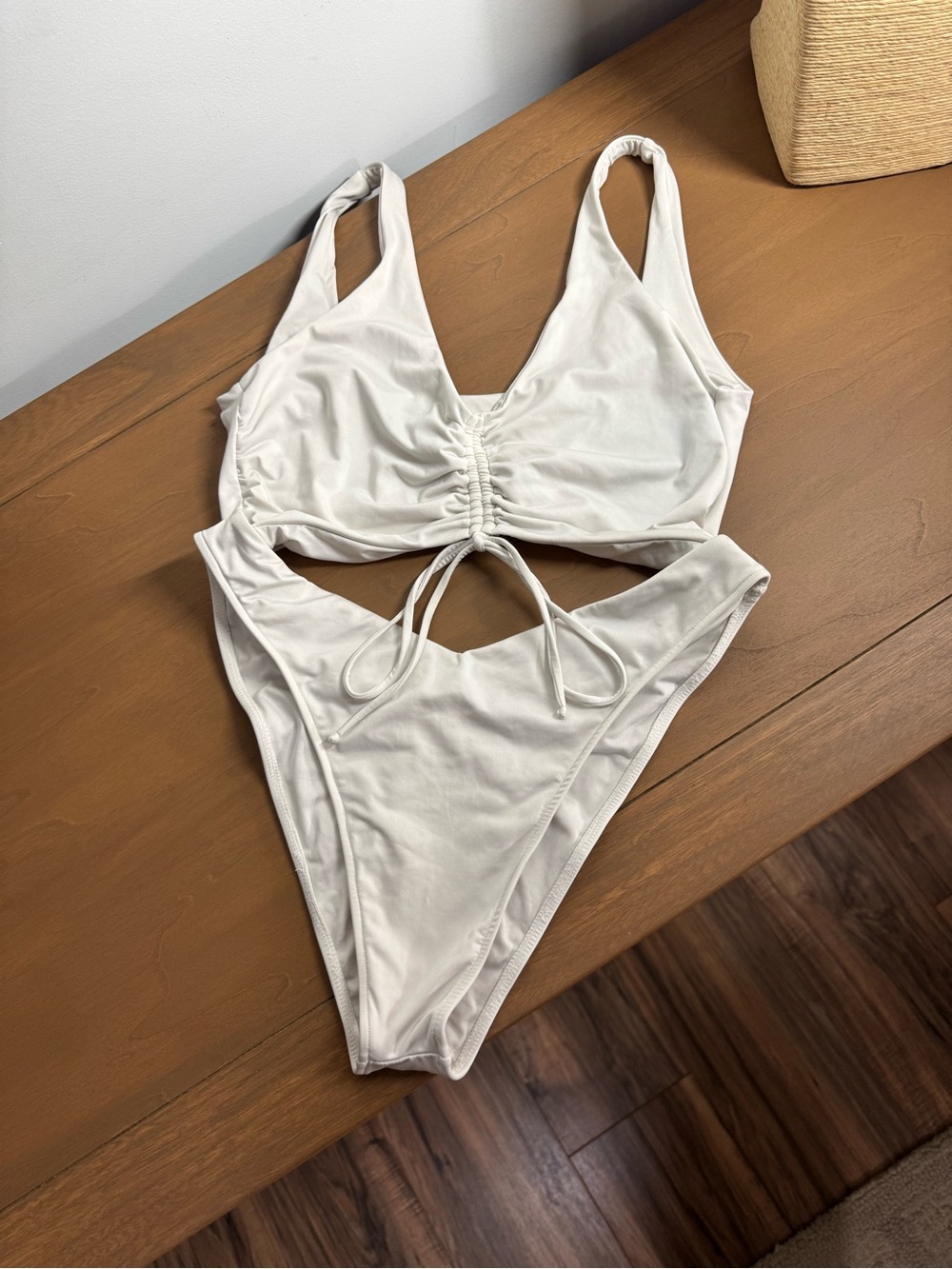 Frankie’s Bikinis Ruched Cutout One-Piece Swimsuit in Ivory White